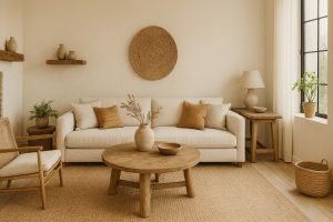 Modern living room blending minimalist and boho design elements