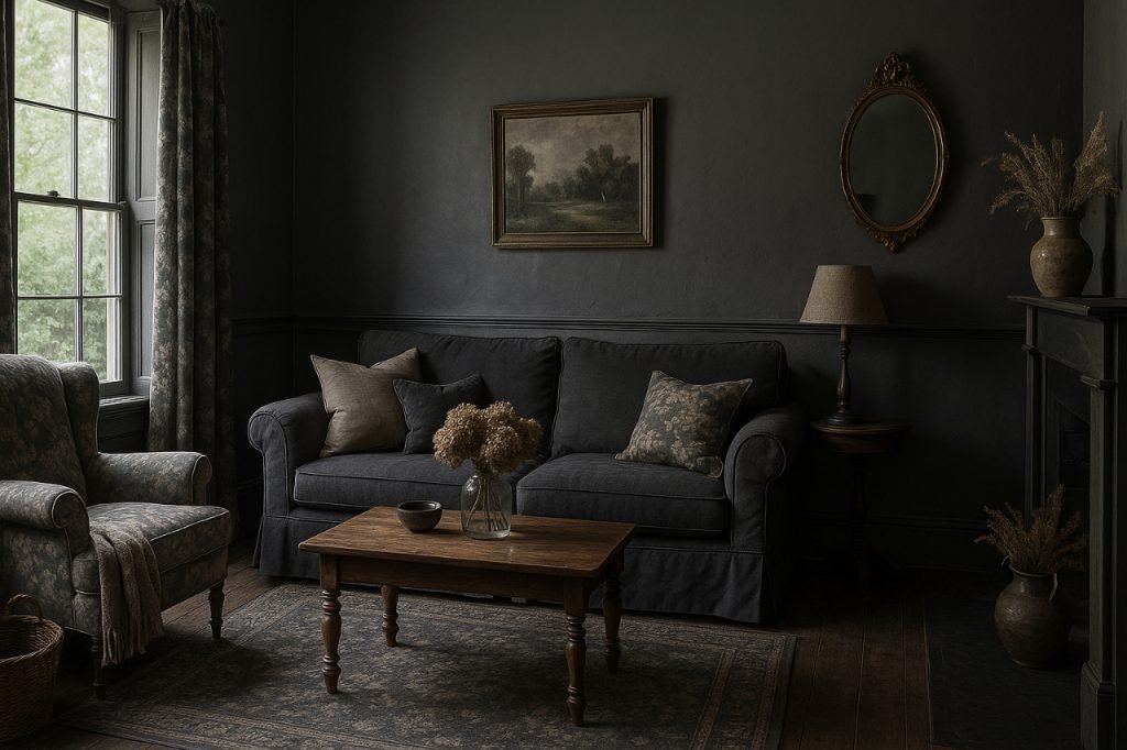 Vintage-style moody monochrome cottagecore living room with cozy textures.