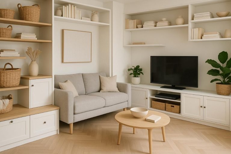 Clever Living Room Storage Ideas to Maximize Space Without Sacrificing Style Modern living room with built-in storage and neutral decor.