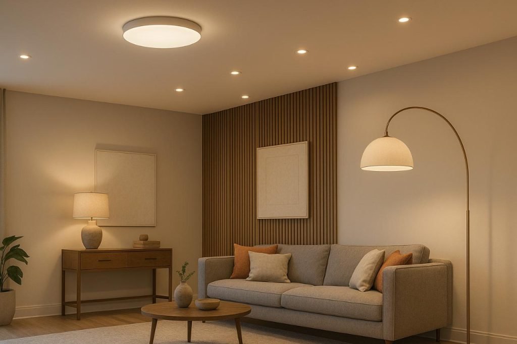 Ceiling lights, floor lamps, and recessed lighting combined in a modern living room design.