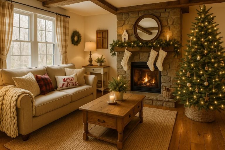 Cozy & Warm Farmhouse Christmas Living Room Ideas That Feel Like Home Cozy farmhouse Christmas living room with fireplace and decorated tree.
