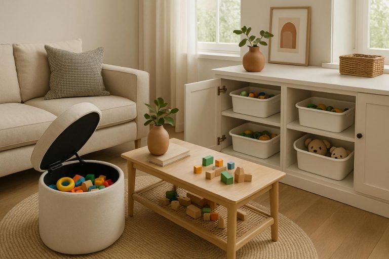 Hidden Toy Storage Ideas That Keep Your Home Tidy Without Sacrificing Style Hidden toy storage in a modern living room with ottoman and bins
