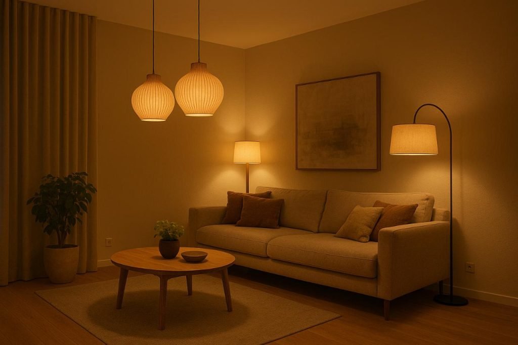 Modern living room with warm layered lighting for a cozy atmosphere.