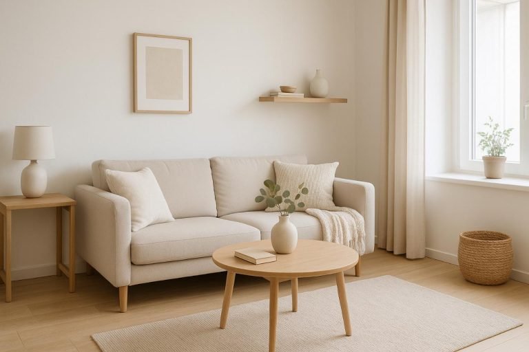 Small Living Room Clean & Calm: Expert Habits to Keep Your Tiny Space Tidy Every Day Minimalist small living room with beige sofa and wooden furniture.