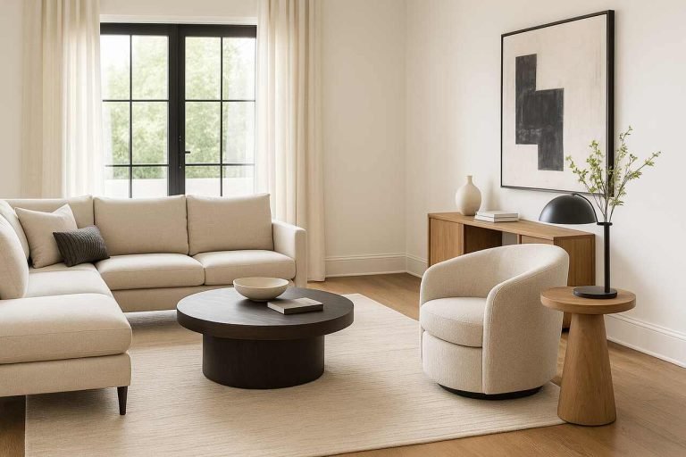 Living room with smart coffee table and swivel chair setup