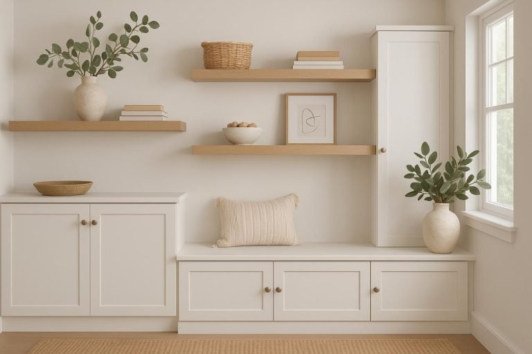 Smart Ways to Use Cabinets, Floating Shelves & Storage Benches for Stylish & Functional Storage Modern storage with cabinets, floating shelves, and a bench in a neutral-toned room.