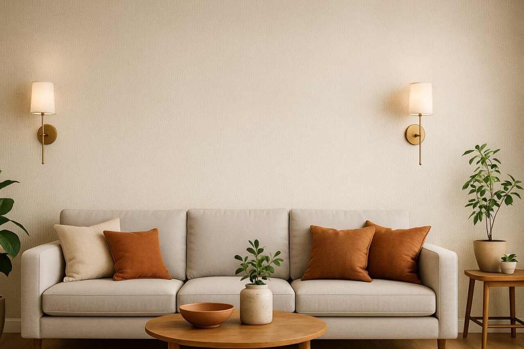 Living room with wallpaper accent wall and brass sconces.