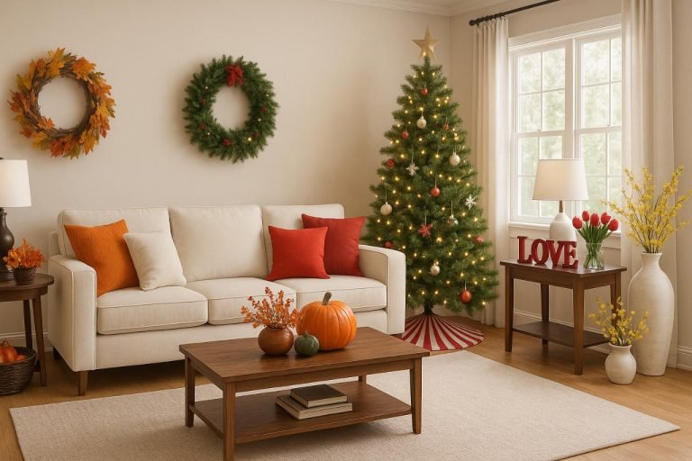 Living Room Holiday Theme Ideas That Make Every Season Shine Living room decorated with holiday themes for each season.