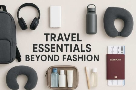 Travel essentials beyond fashion including gadgets, comfort gear, and personal items.