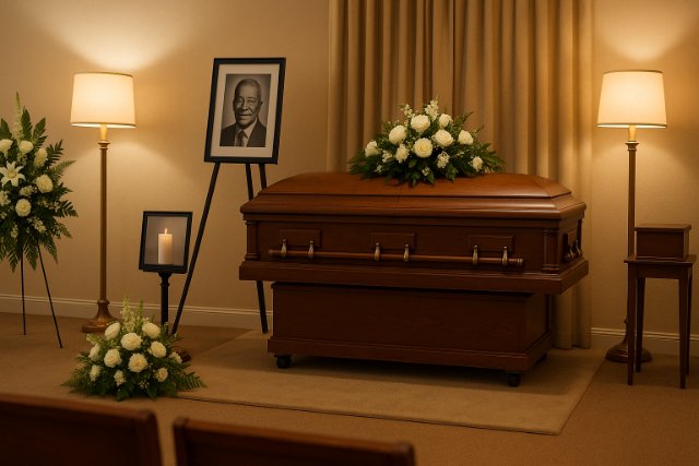 Elegant funeral home interior with flowers and memorial display.