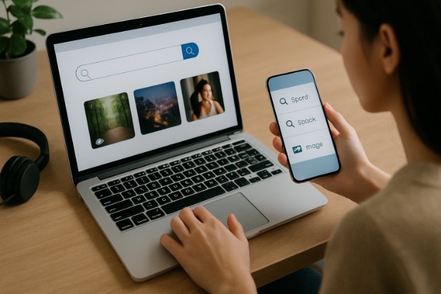 Woman browsing multimedia search results on laptop and phone