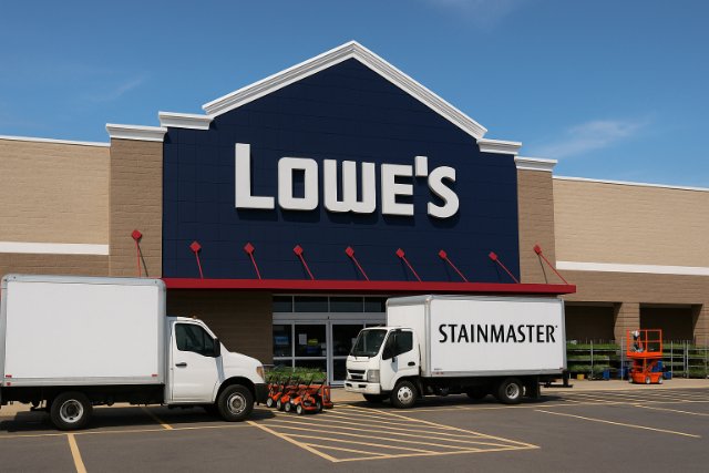 Lowe’s store with branded delivery trucks and equipment outside