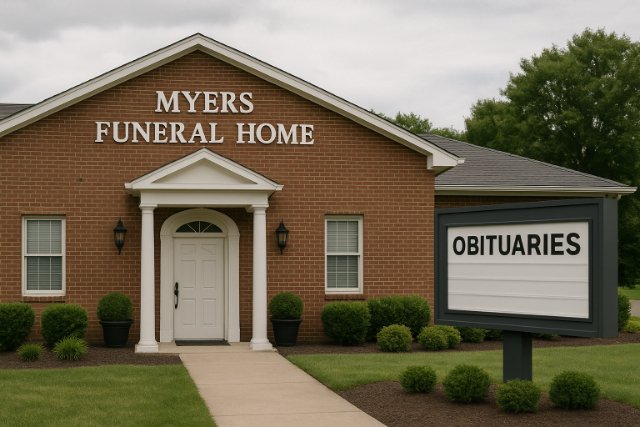 Exterior of Myers Funeral Home with obituaries sign and manicured lawn.