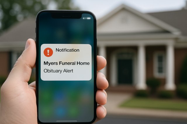 Smartphone showing obituary alert from Myers Funeral Home.