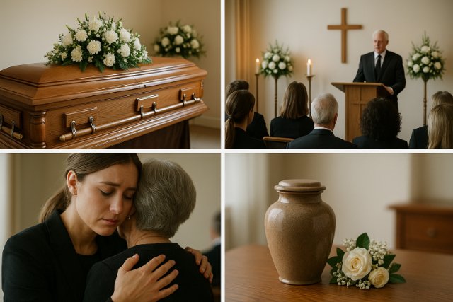Funeral service setup with casket, ceremony, mourners, and urn.