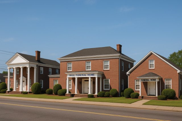 Street view of Paul Funeral Home and nearby funeral homes in Washington, NC.