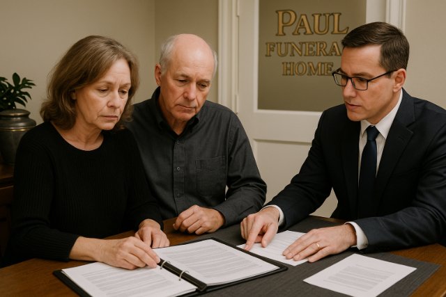 Couple planning a funeral with a funeral director at Paul Funeral Home