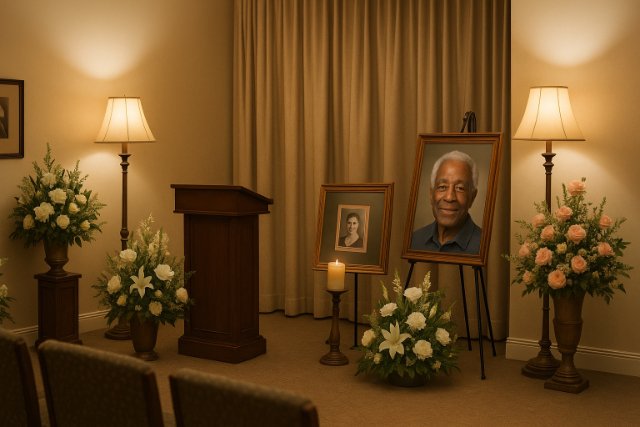 Interior of a funeral home with flowers and memorials