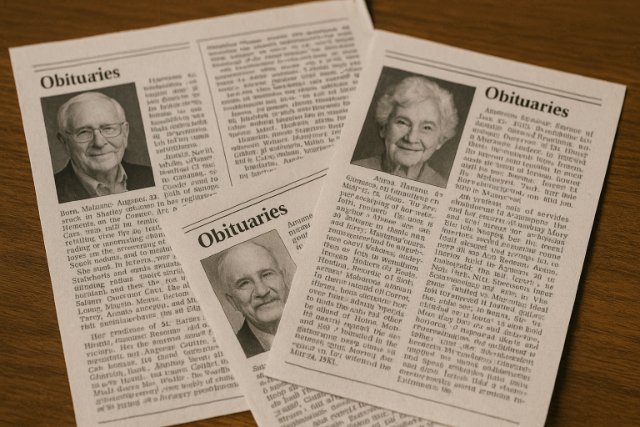 Obituary clippings on wooden table representing genealogy and remembrance.