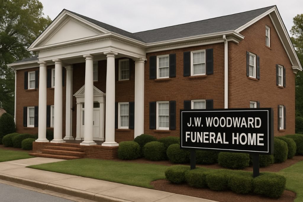 Front view of J.W. Woodward Funeral Home building with landscaped surroundings.