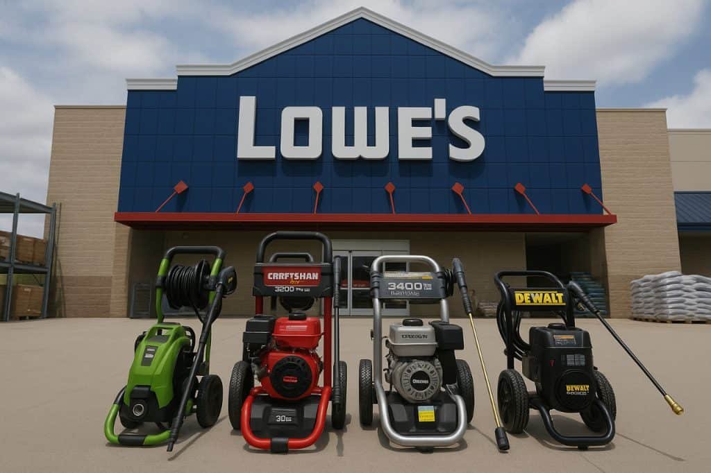 Pressure washers lined up outside a Lowe’s store.