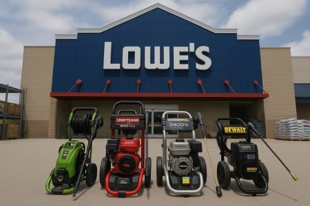 Pressure washers lined up outside a Lowe’s store.