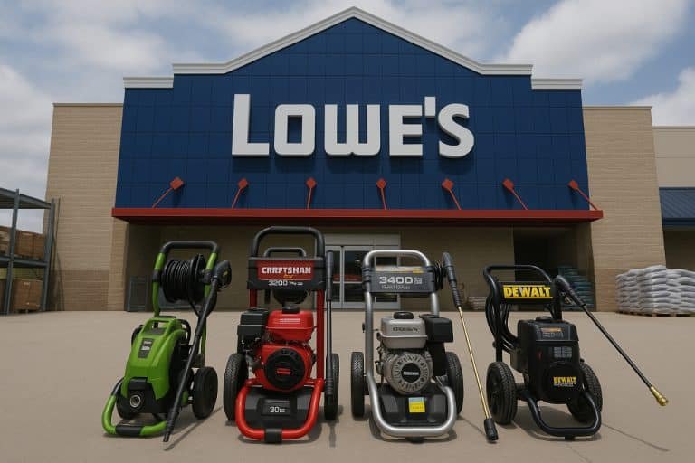 Lowe’s Home Improvement Pressure Washers: Complete Buying Guide Pressure washers lined up outside a Lowe’s store.
