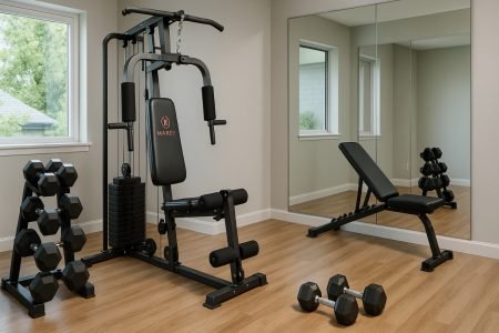 Marcy home gym setup with equipment in a modern home interior