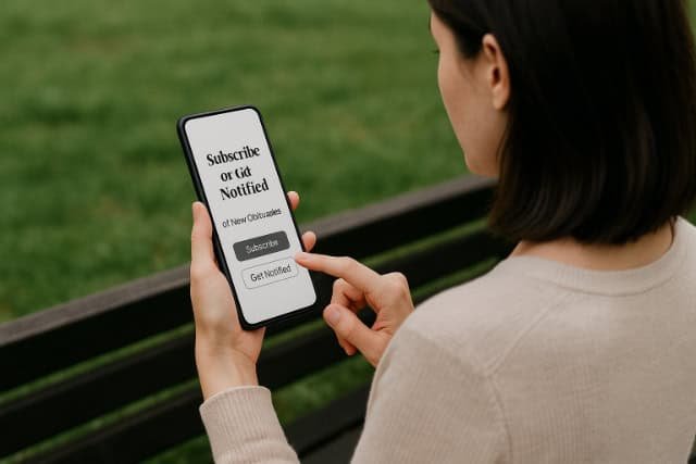 Woman using smartphone to subscribe for obituary notifications.