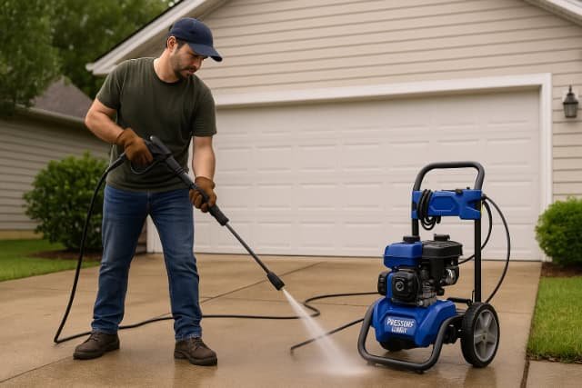 Man using a blue pressure washer on a suburban driveway.