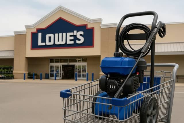 Pressure washer in shopping cart outside Lowe’s store.