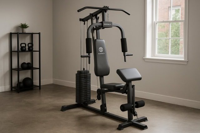 Marcy home gym setup in a bright, minimalist room.