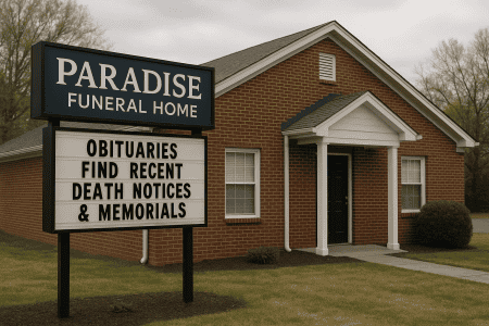 Exterior of Paradise Funeral Home with obituary sign and cloudy sky.