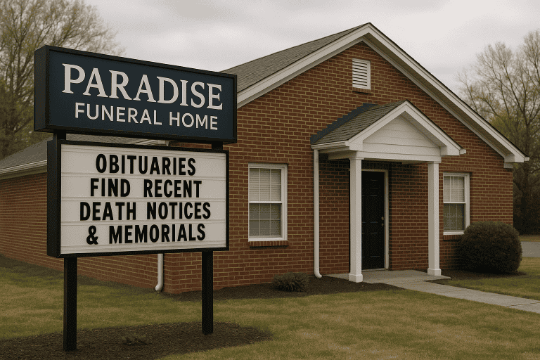Paradise Funeral Home Obituaries: Find Recent Death Notices & Memorials Exterior of Paradise Funeral Home with obituary sign and cloudy sky.