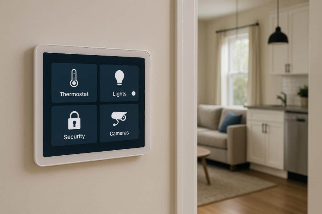 smart home manager: Optimizing Your Home Control Hub Smart home control hub on wall with living room in background.