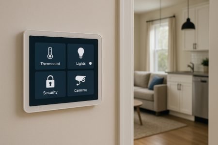 Smart home control hub on wall with living room in background.