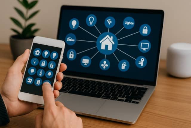 Smart home manager app integrating devices and protocols on phone and laptop.