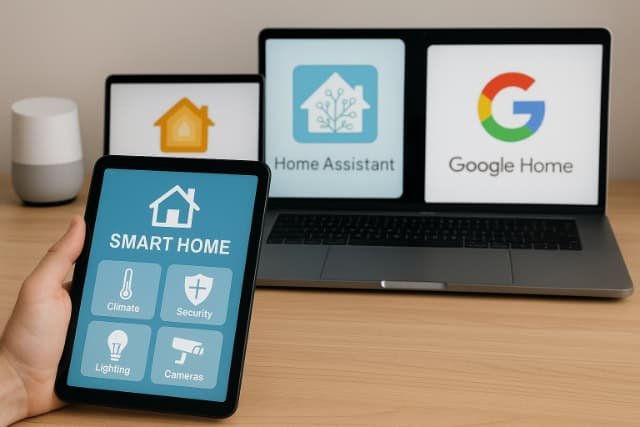 Smart home interface with controls and logos of top home manager platforms.