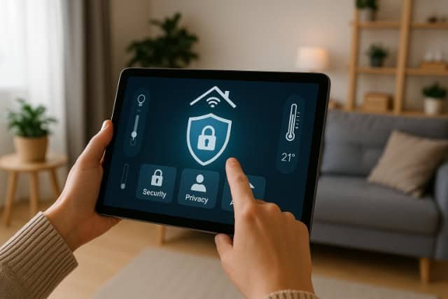 Smart home security and privacy control interface on a tablet in a modern home.