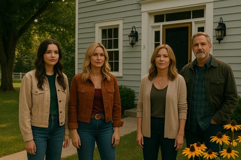 Cast of The Way Home standing outside a farmhouse.