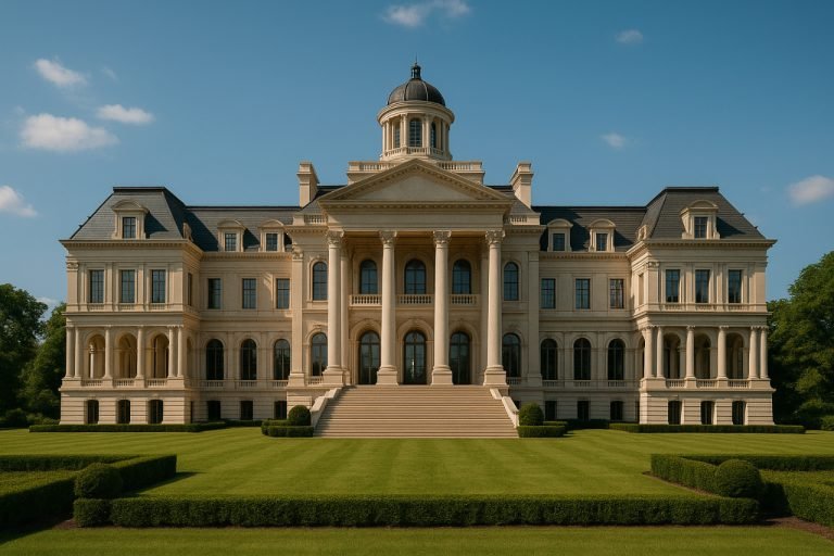 World Big Home: Ultimate Guide to Mega Residences Massive luxury mansion with classical architecture and green lawn.