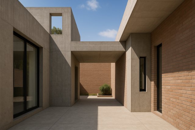 Modern building with concrete walls, large windows, and open spaces.