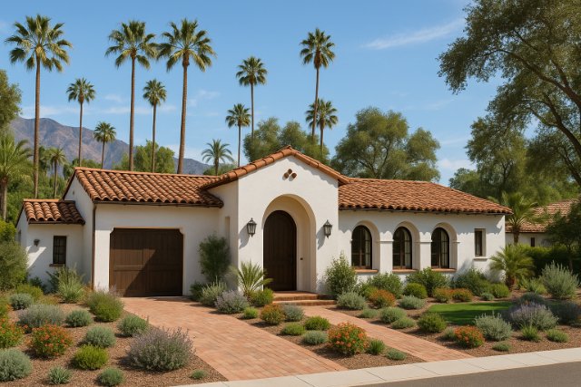 Spanish-style home with clay tile roof and palm trees in a desert climate