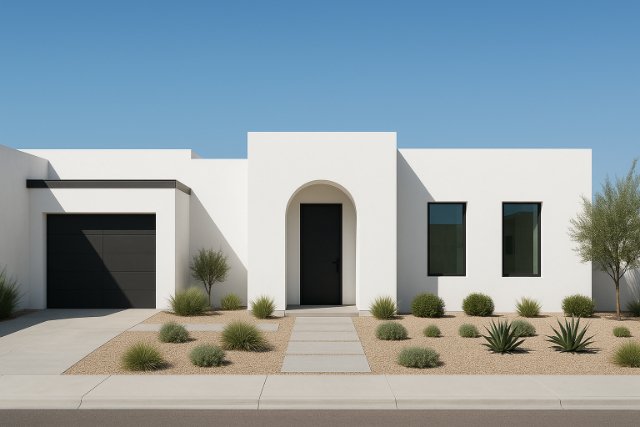 Minimalist Spanish-style home with white facade and desert landscaping