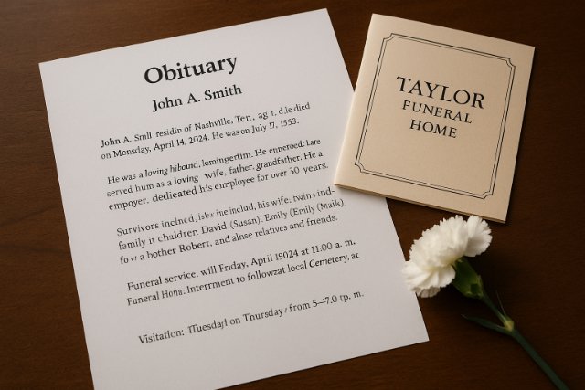Taylor Funeral Home obituary layout with flower and program on wood table.