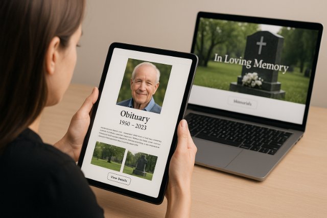 Woman viewing a digital obituary and memorial on a tablet and laptop.