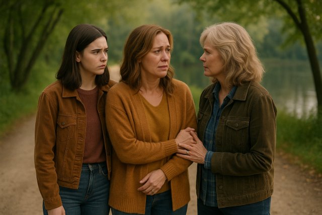 Three women on a forest path near a lake sharing an emotional moment.