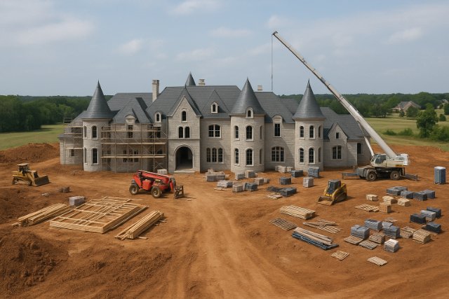 Mansion under construction in a rural area with scaffolding and equipment.