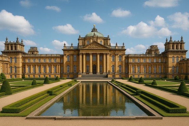 Grand historic palace with gardens and a reflecting pool
