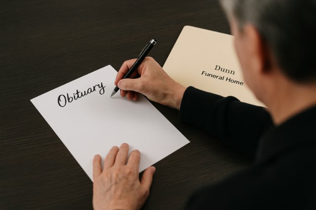 Writing an obituary with Dunn Funeral Home folder on desk.